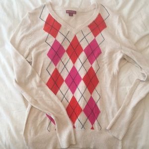 pink and orange argyle sweater